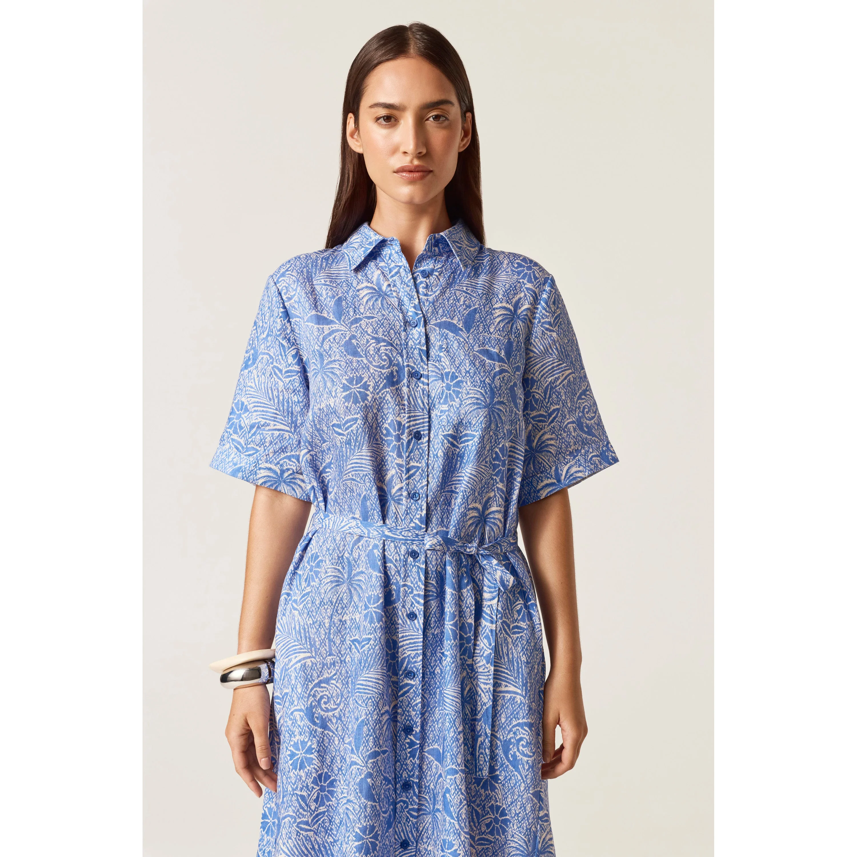 Linen Print Shirt Dress - Image 4
