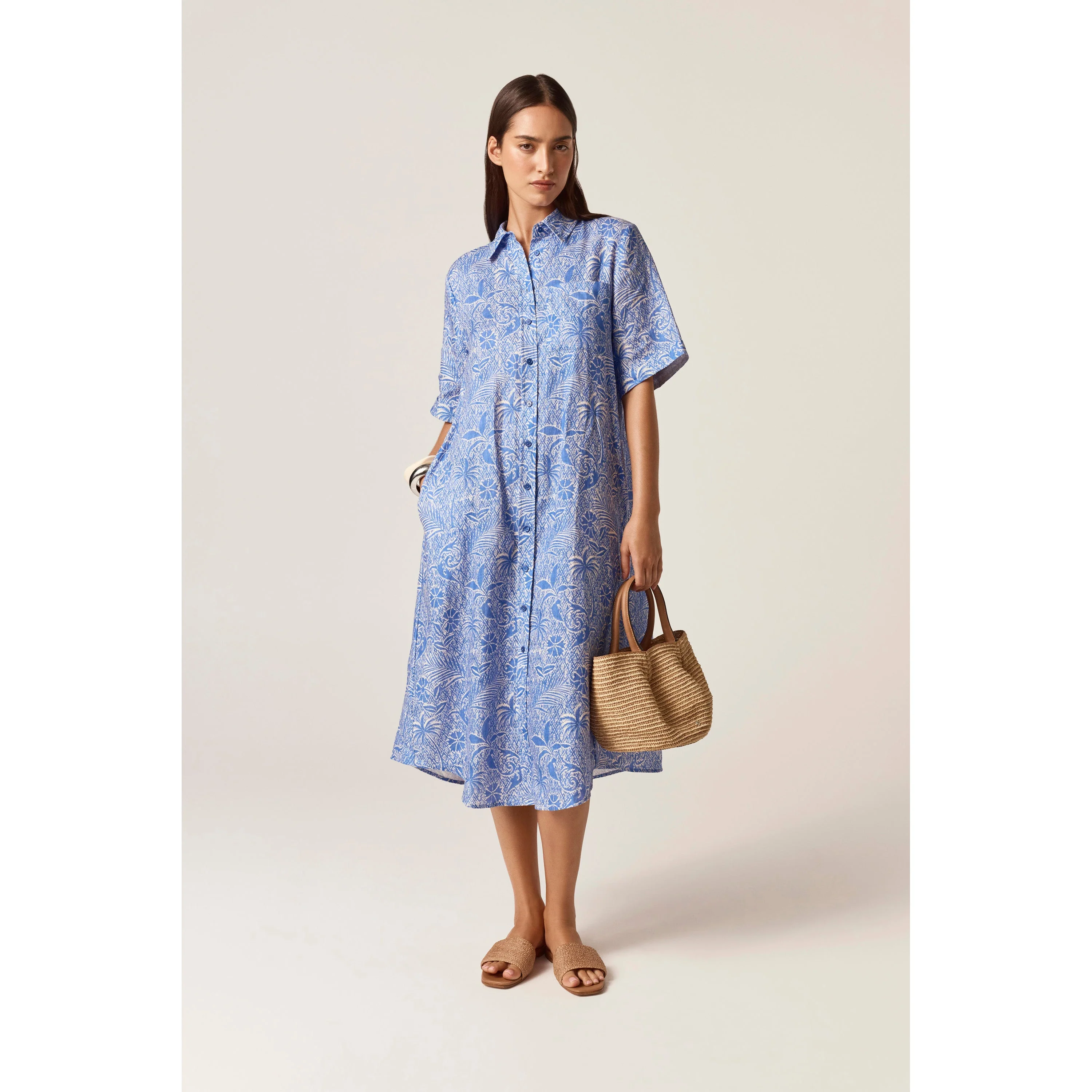 Linen Print Shirt Dress - Image 5